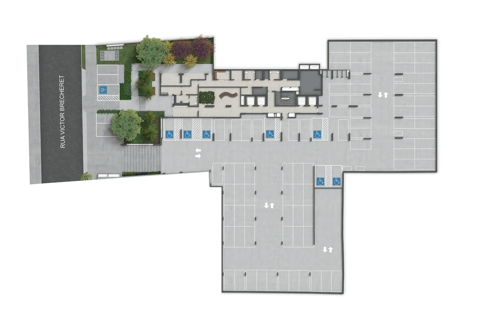 Implantação do térreo do Origem Vila Yara: portaria, clausuras, lobby, delivery, mini market e vagas